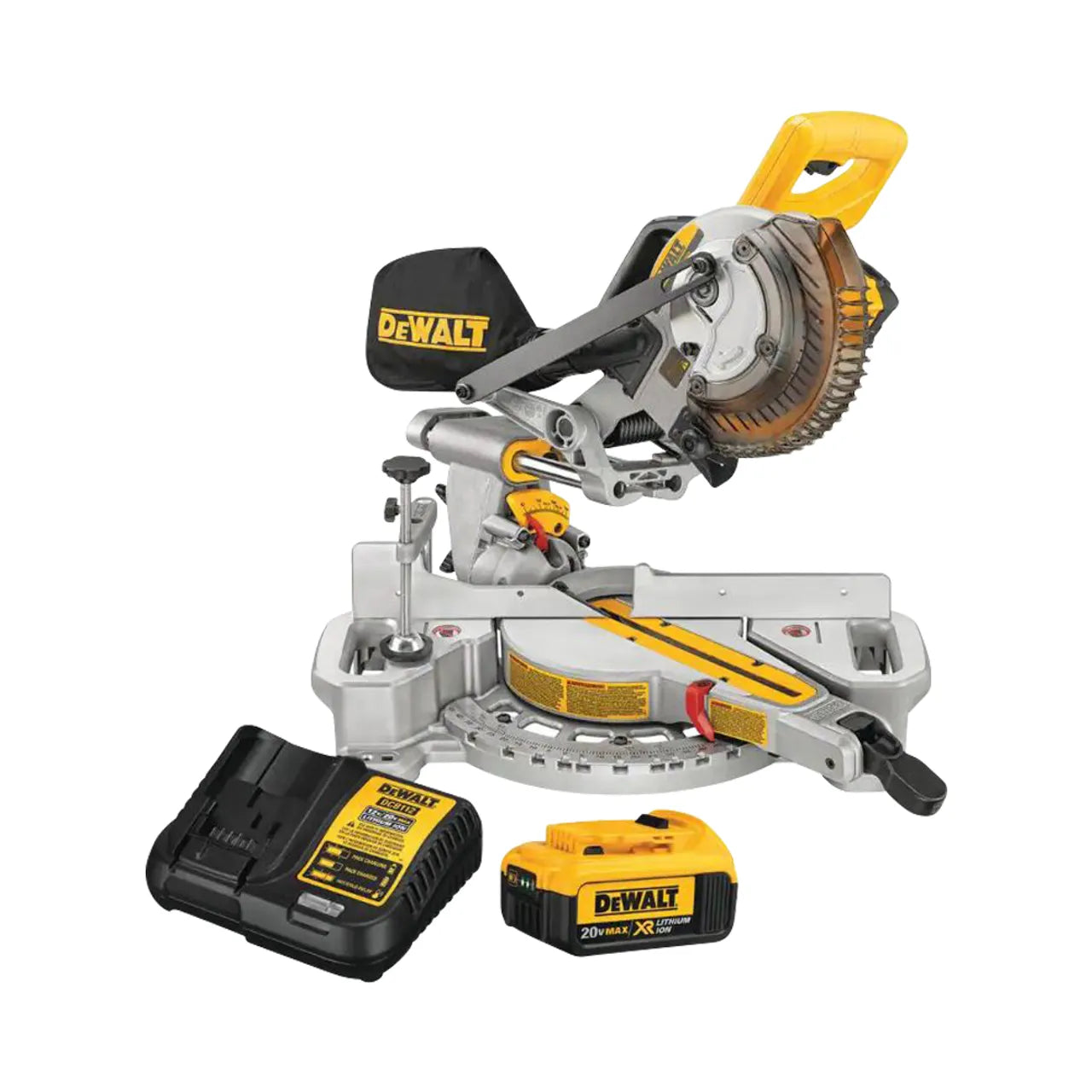 The Go Build 20V MAX Cordless 7-1/4 in. Sliding Miter Saw, with black dust bag, yellow/black battery, and charger, is perfect for portable projects and onsite delivery—The Fastest Way To Build.